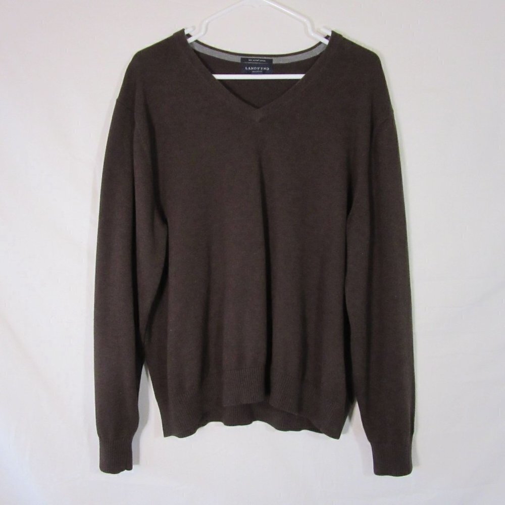 Lands End Sweater Supima Cotton Brown V-Neck Pullover Business Preppy Men's L